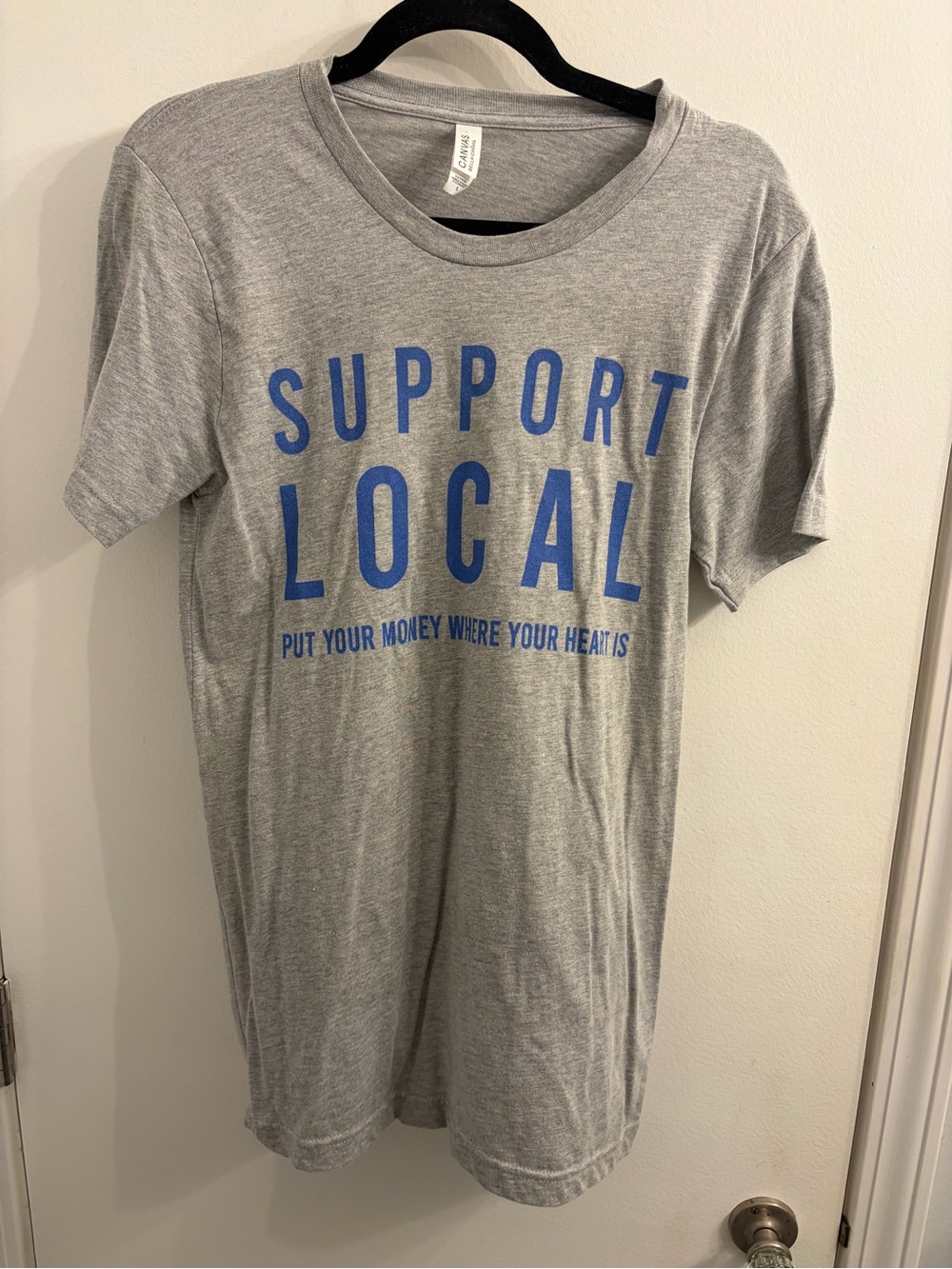 Support Local Gray T-Shirt with Blue Print -